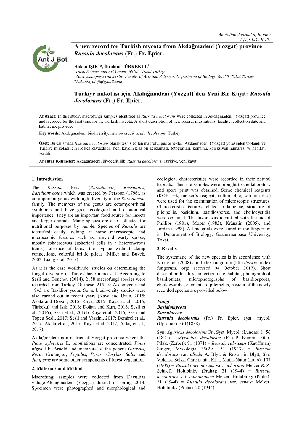 A New Record for Turkish Mycota from Akdağmadeni (Yozgat) Province: Russula Decolorans (Fr.) Fr