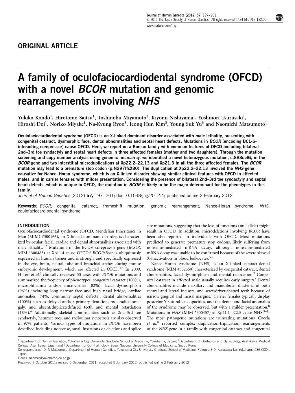 With a Novel BCOR Mutation and Genomic Rearrangements Involving NHS