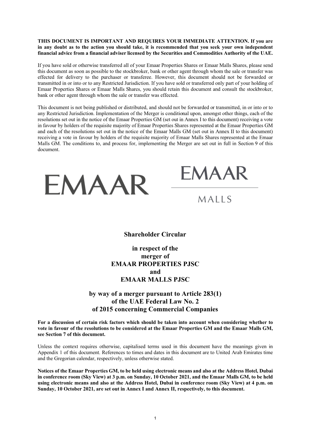 Shareholder Circular in Respect of the Merger of EMAAR PROPERTIES
