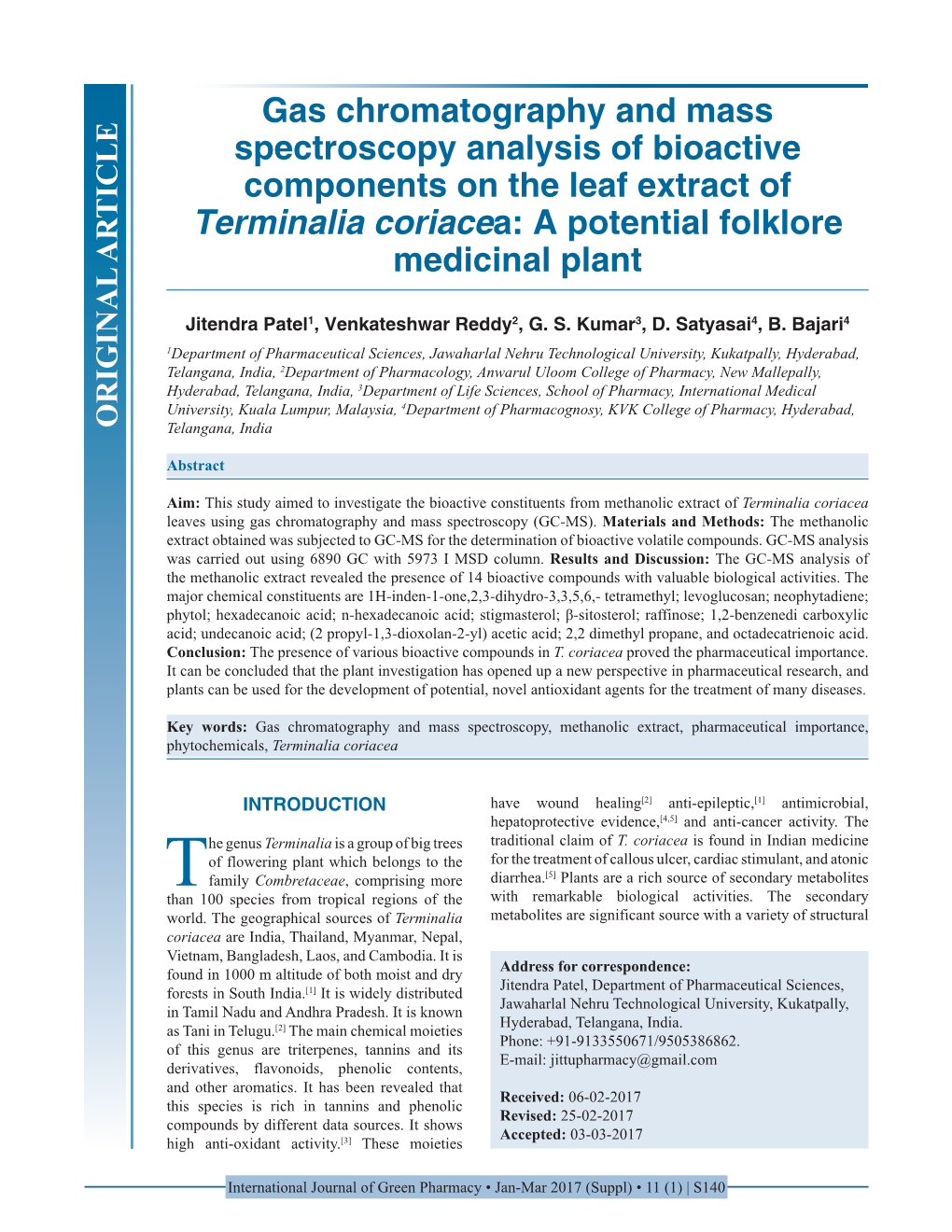 Gas Chromatography and Mass Spectroscopy Analysis of Bioactive Components on the Leaf Extract of Terminalia Coriacea: a Potential Folklore Medicinal Plant