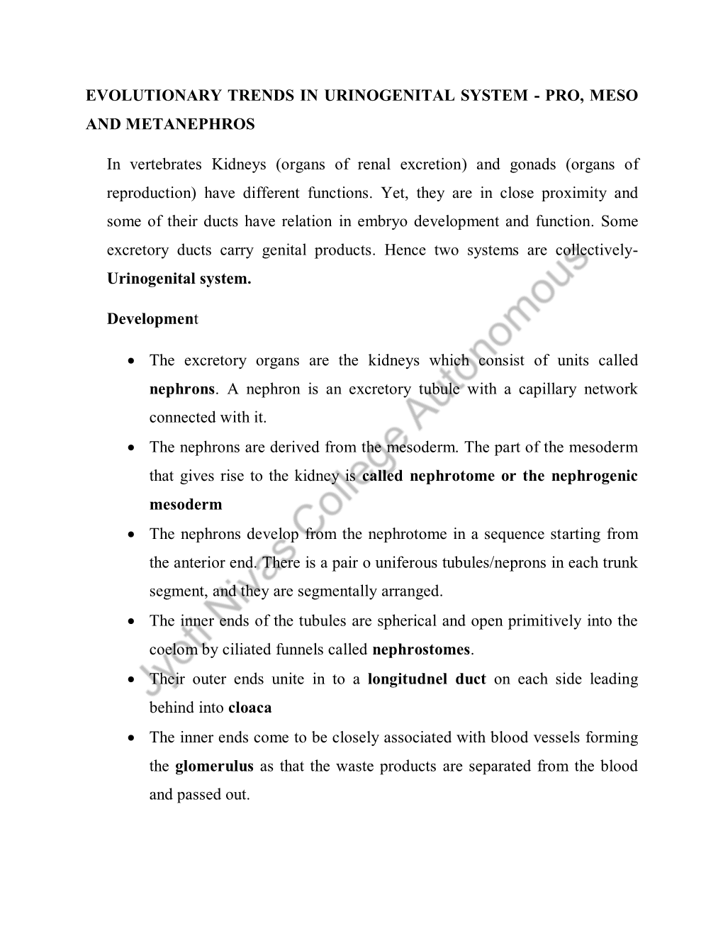 IV Semester Zoology Comparative Anatomy of Urinogenital System Of