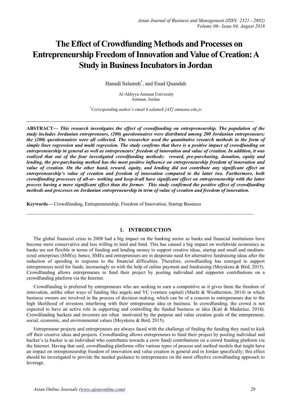 The Effect of Crowdfunding Methods and Processes on Entrepreneurship Freedom of Innovation and Value of Creation: a Study in Business Incubators in Jordan