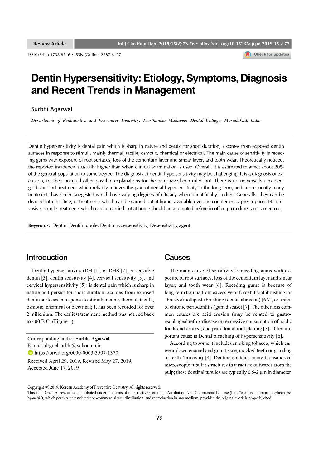 Dentin Hypersensitivity: Etiology, Symptoms, Diagnosis and Recent Trends in Management