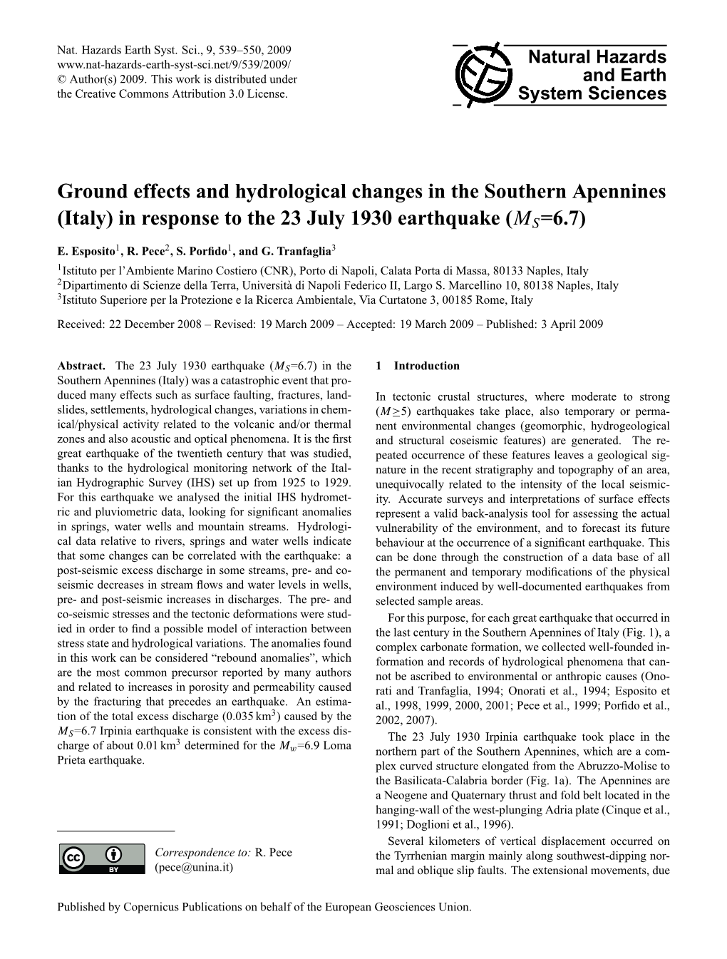 Ground Effects and Hydrological Changes in the Southern Apennines (Italy) in Response to the 23 July 1930 Earthquake (MS=6.7)