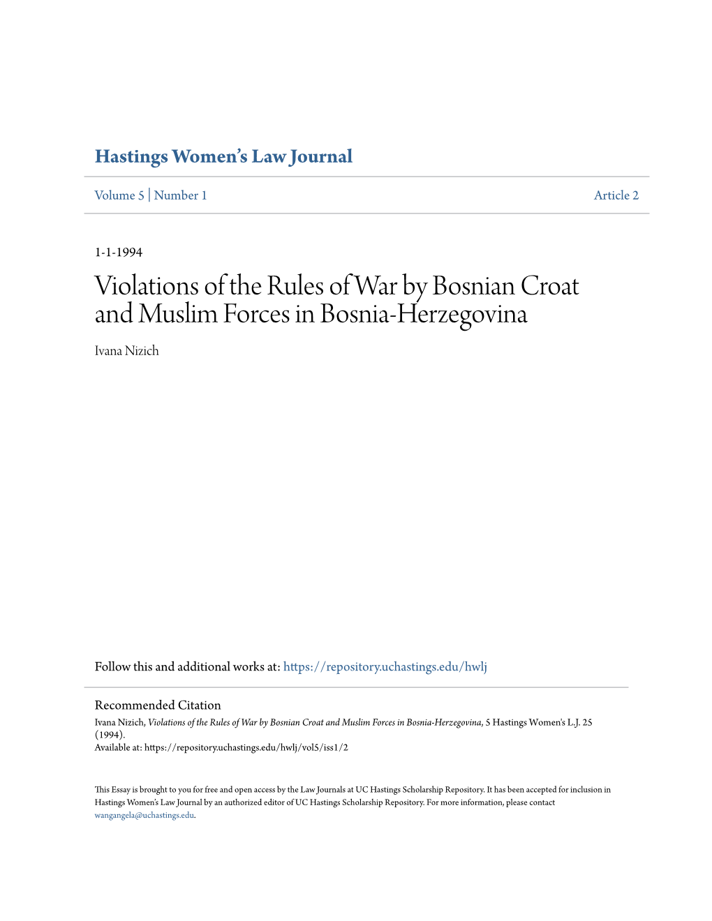 Violations of the Rules of War by Bosnian Croat and Muslim Forces in Bosnia-Herzegovina Ivana Nizich