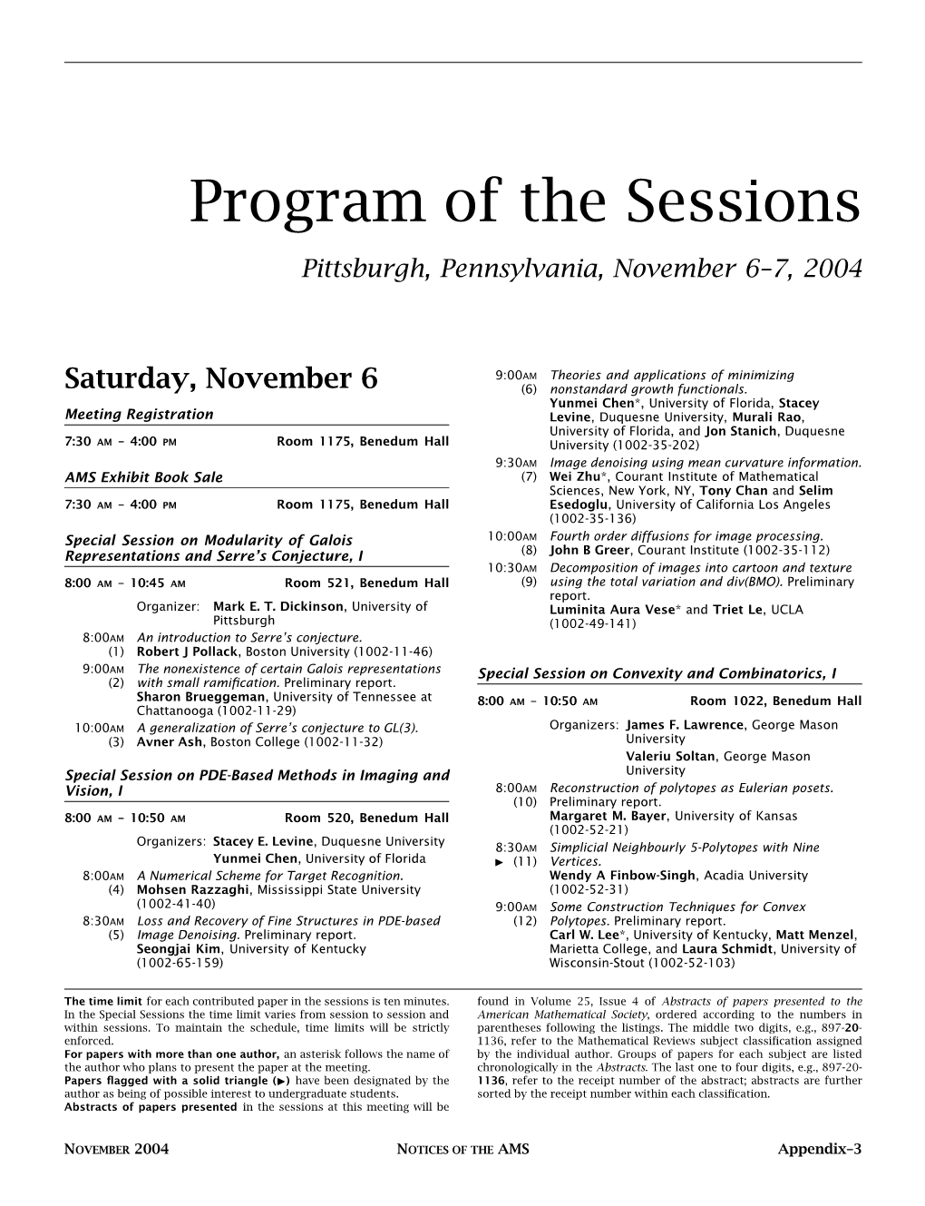 Program of the Sessions, Pittsburgh, Pennsylvania