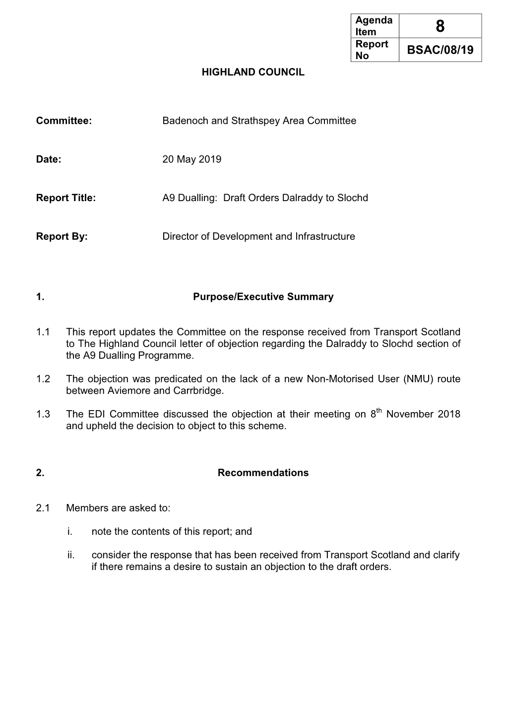 Item 8 A9 Dualling: Draft Orders Dalraddy to Slochd