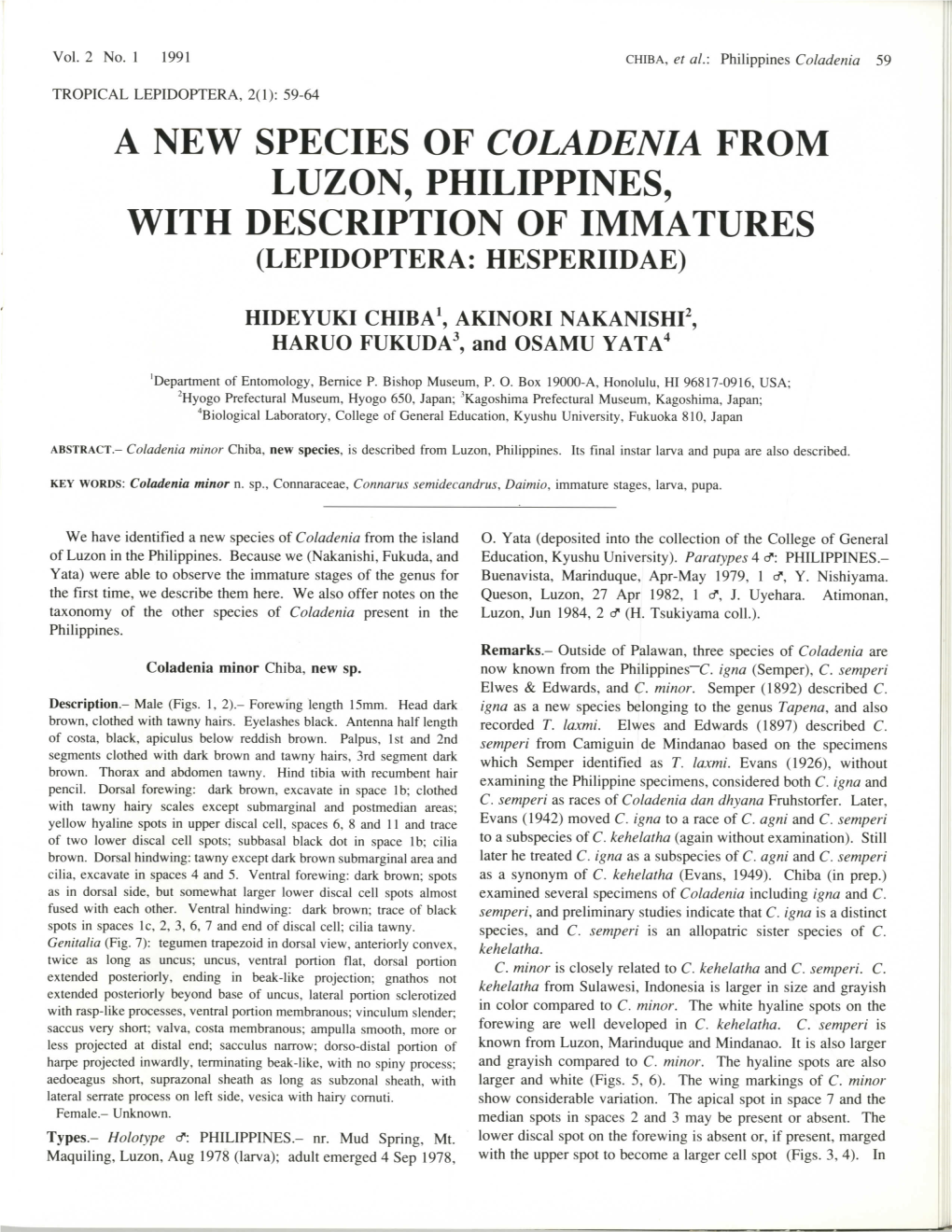 A New Species of Coladenia from Luzon, Philippines, with Description of Immatures (Lepidoptera: Hesperiidae)