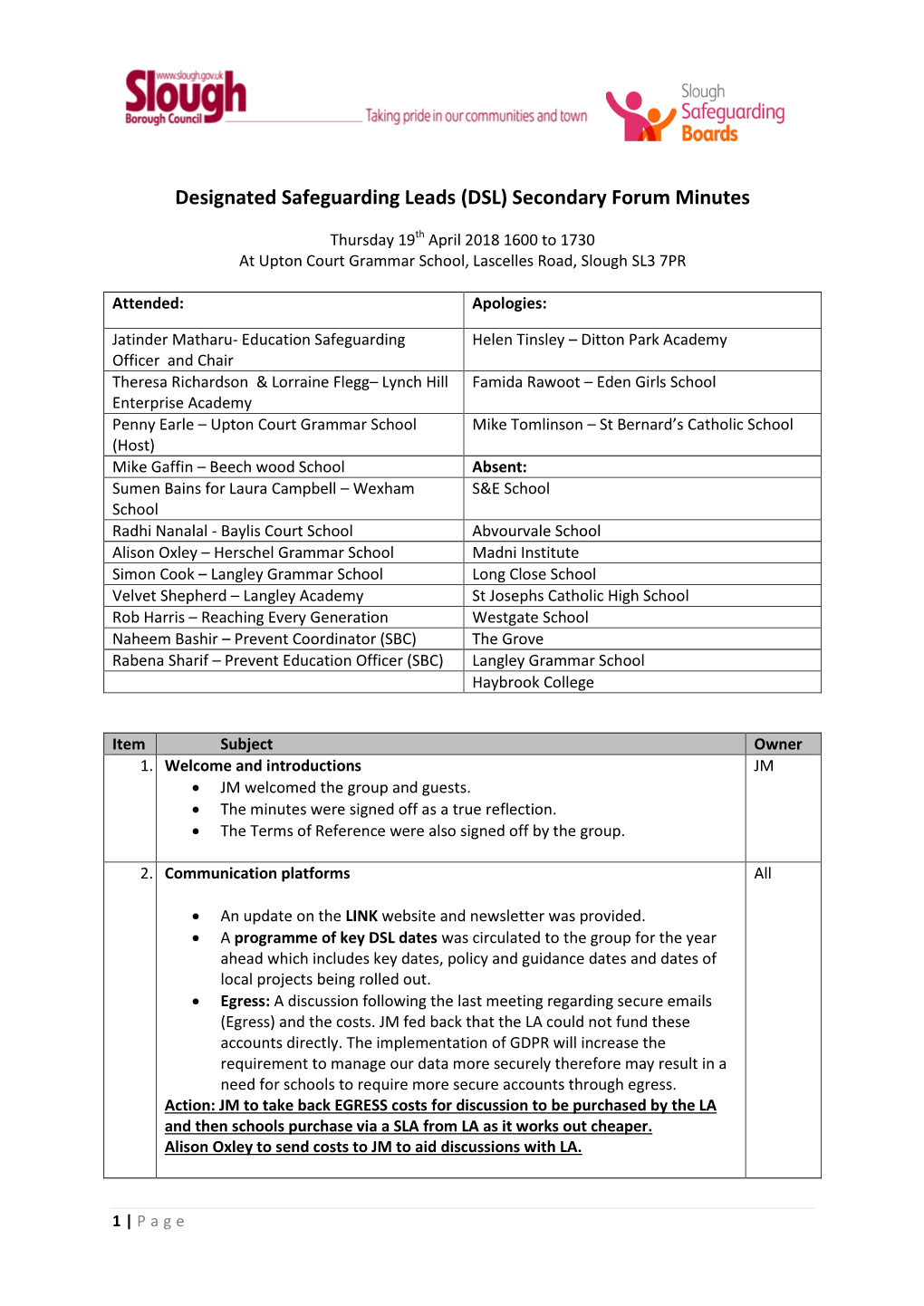 Designated Safeguarding Leads (DSL) Secondary Forum Minutes