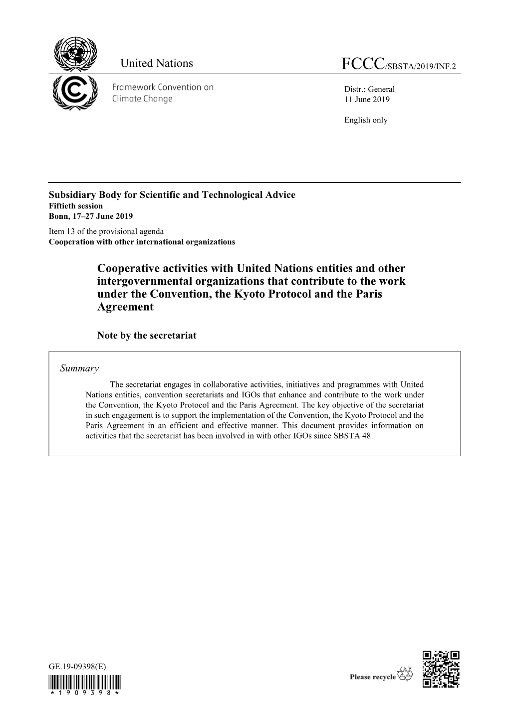 Summary of Cooperative Activities with United Nations Entities And