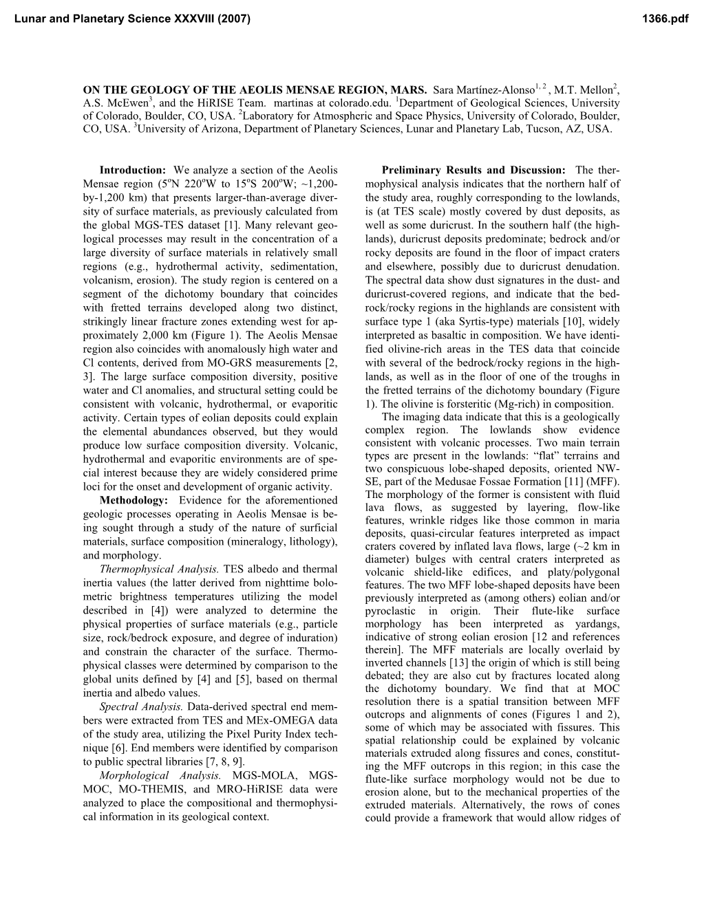 ON the GEOLOGY of the AEOLIS MENSAE REGION, MARS. Sara Martínez-Alonso1, 2 , M.T