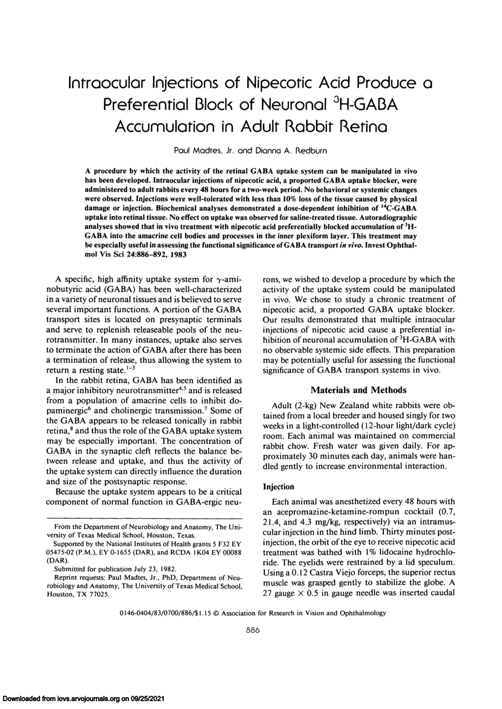 Intraocular Injections of Nipecotic Acid Produce a Preferential Block of Neuronal 3H-GABA Accumulation in Adult Rabbit Retina