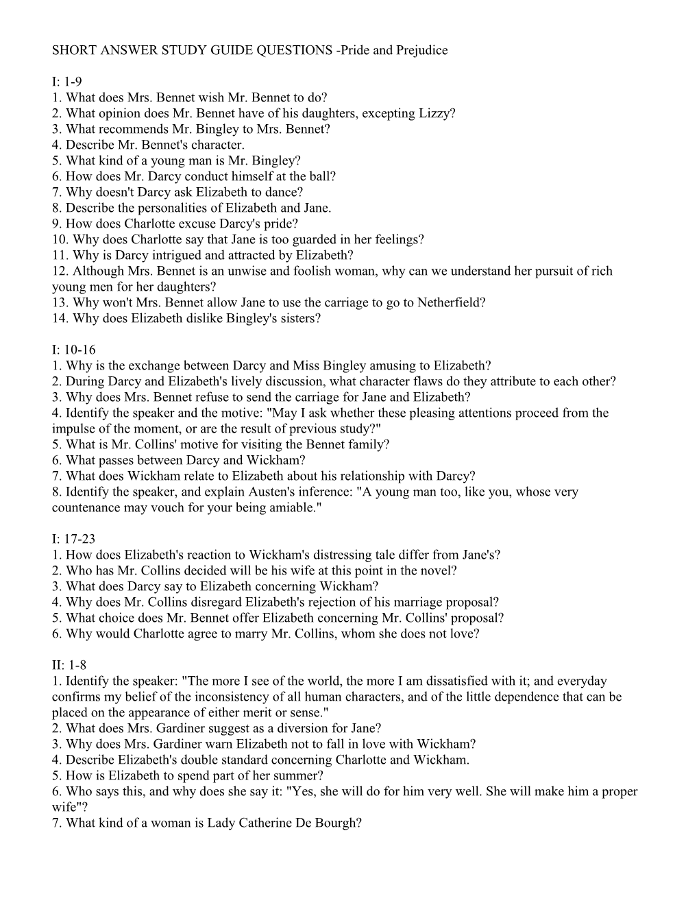 SHORT ANSWER STUDY GUIDE QUESTIONS -Pride and Prejudice