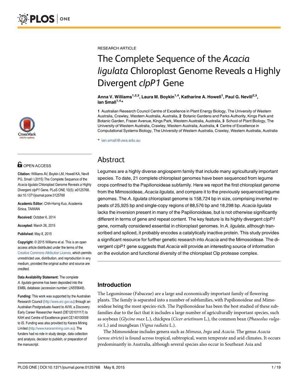 The Complete Sequence of the Acacia Ligulata Chloroplast Genome Reveals a Highly Divergent Clpp1 Gene