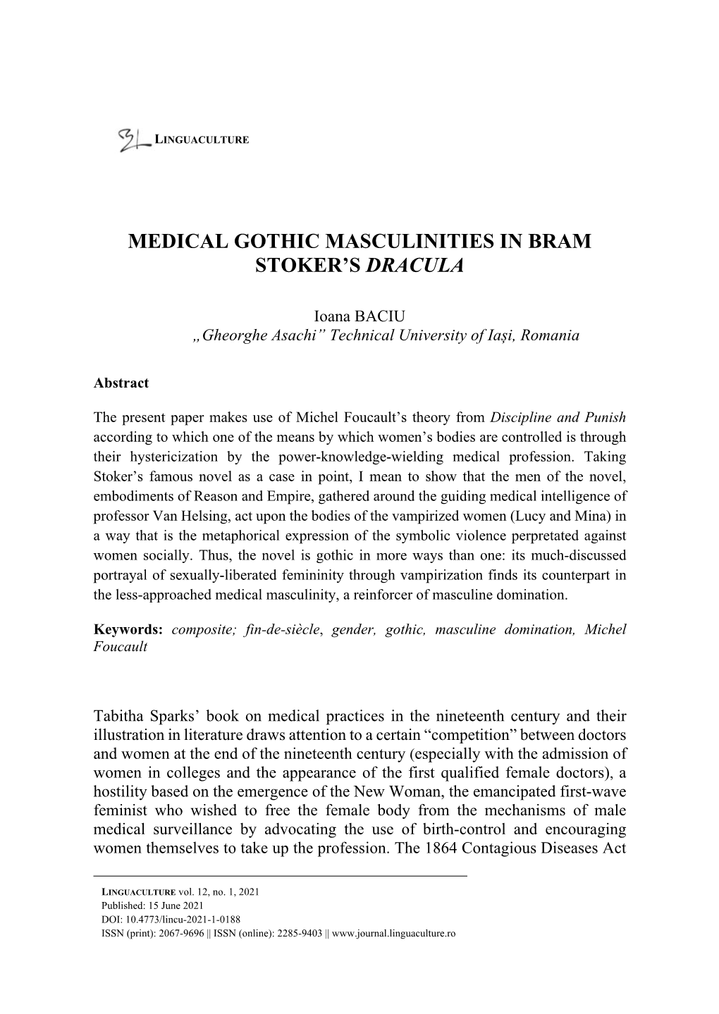 Medical Gothic Masculinities in Bram Stoker's Dracula