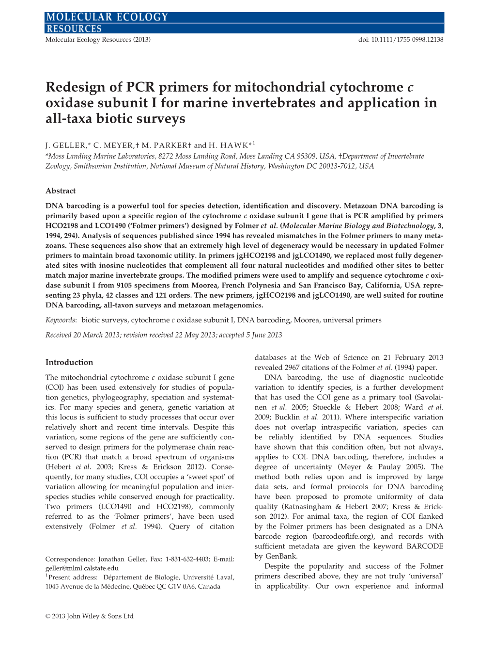 Redesign of PCR Primers for Mitochondrial Cytochrome C Oxidase Subunit I for Marine Invertebrates and Application in All-Taxa Biotic Surveys