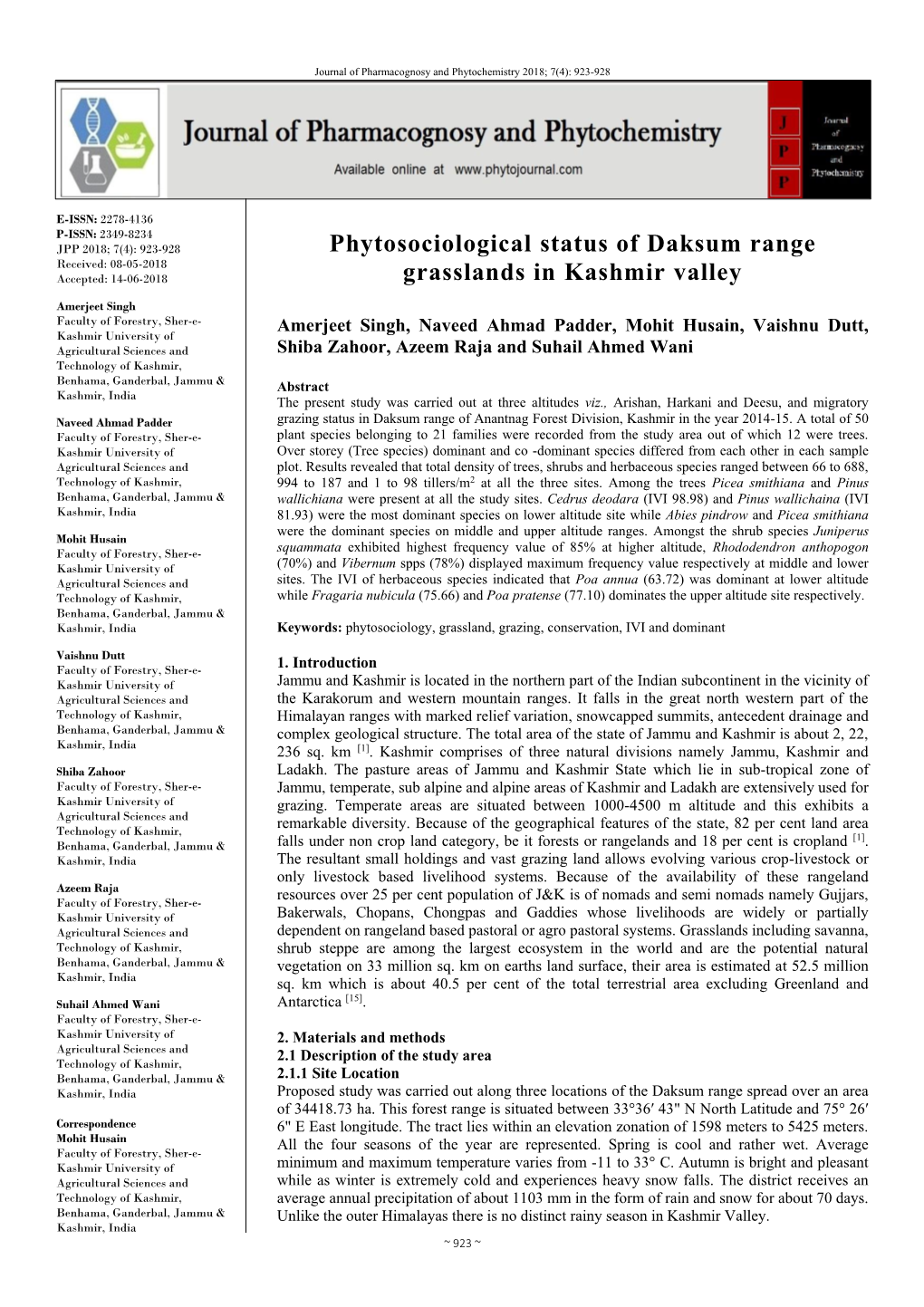 Phytosociological Status of Daksum Range Grasslands in Kashmir Valley