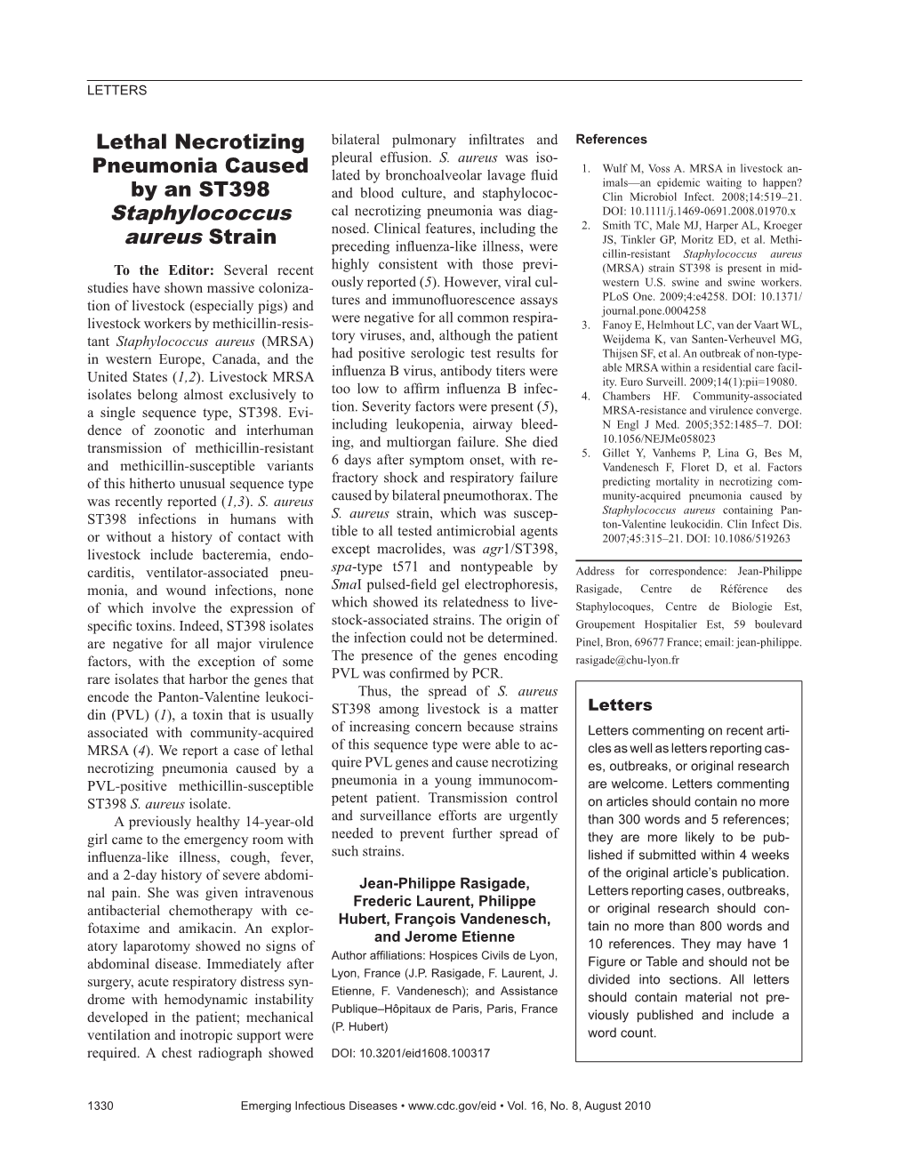 Lethal Necrotizing Pneumonia Caused by an ST398