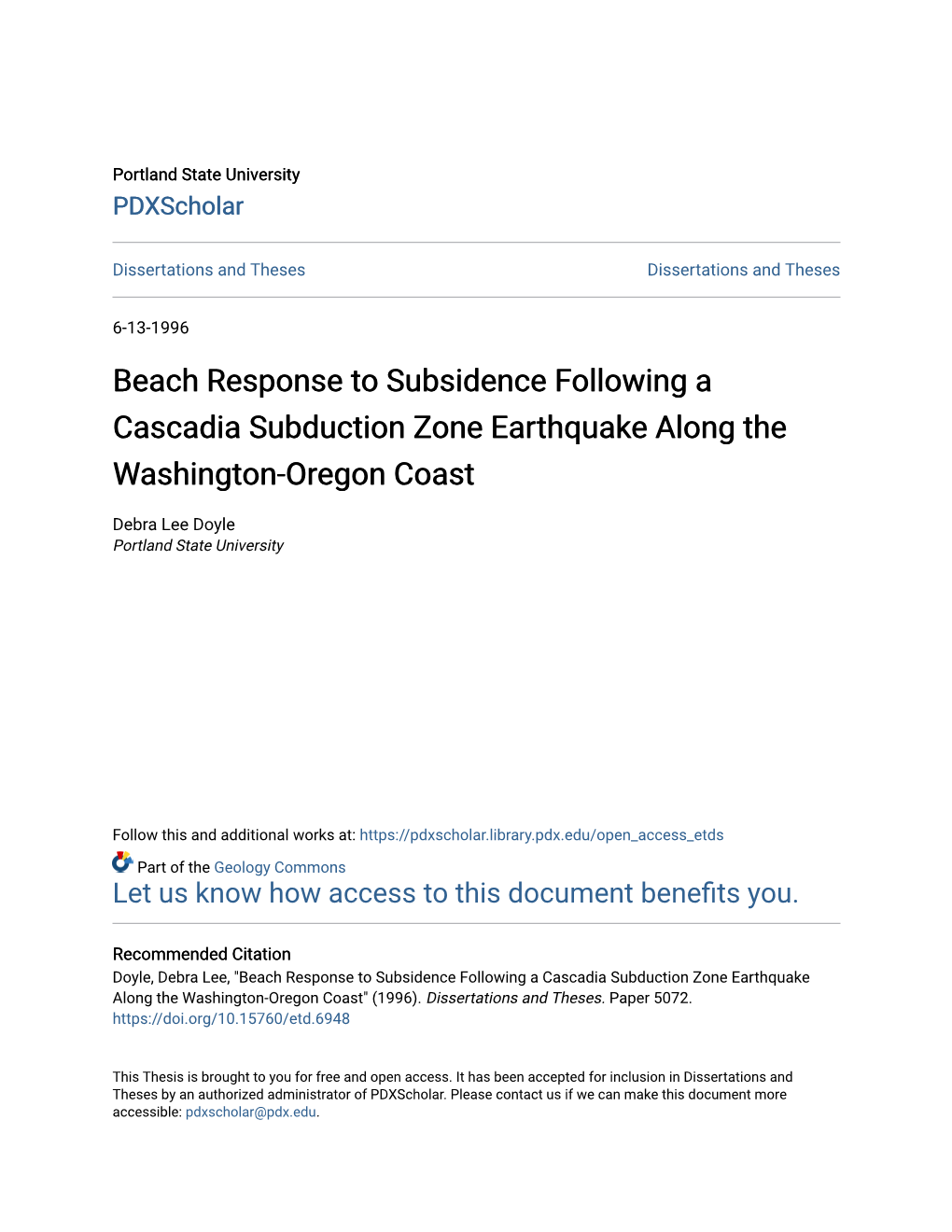 Beach Response to Subsidence Following a Cascadia Subduction Zone Earthquake Along the Washington-Oregon Coast