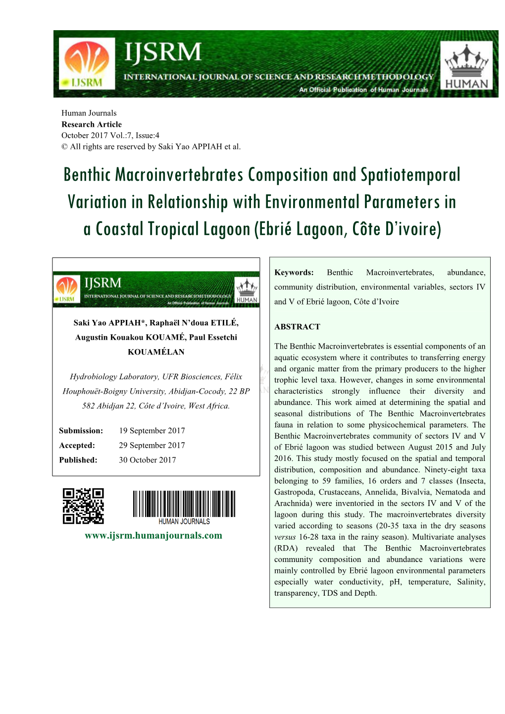 Benthic Macroinvertebrates Composition and Spatiotemporal