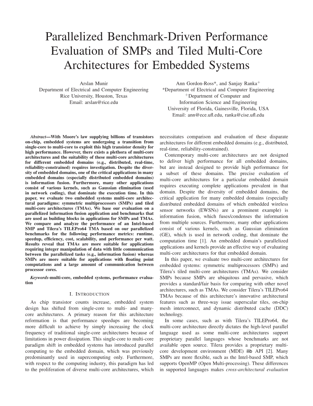 Parallelized Benchmark-Driven Performance Evaluation of Smps and Tiled Multi-Core Architectures for Embedded Systems