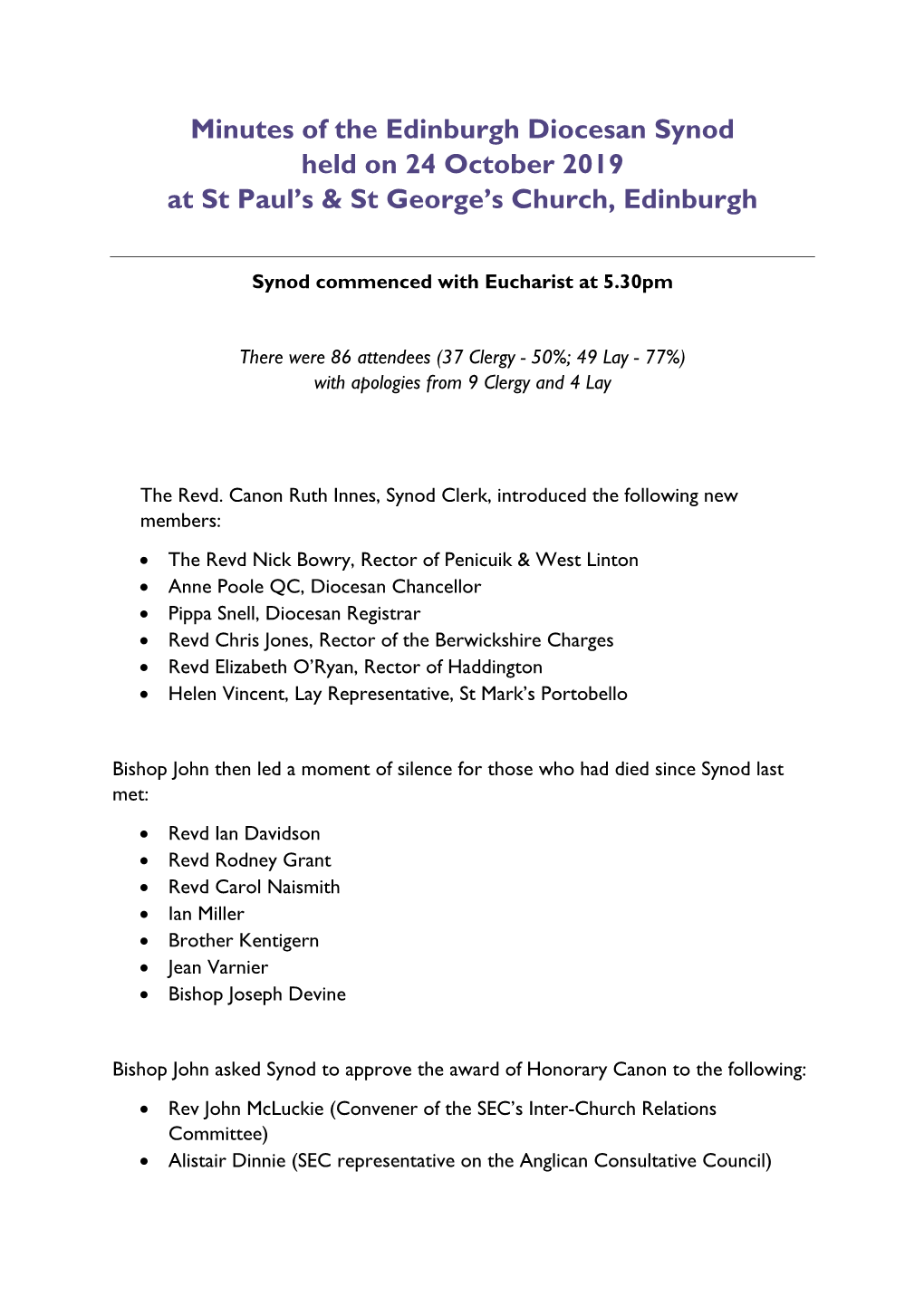 Minutes of the Edinburgh Diocesan Synod Held on 24 October 2019 at St Paul’S & St George’S Church, Edinburgh