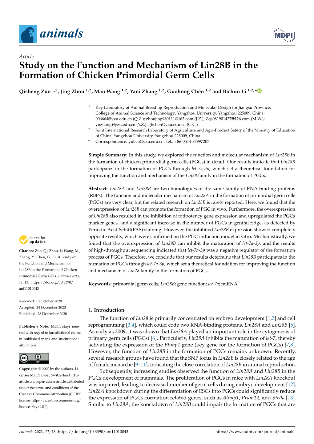 Study on the Function and Mechanism of Lin28b in the Formation of Chicken Primordial Germ Cells