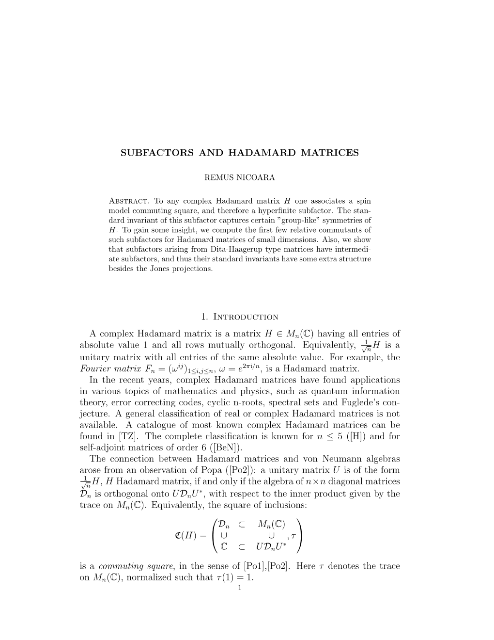 Subfactors and Hadamard Matrices 11