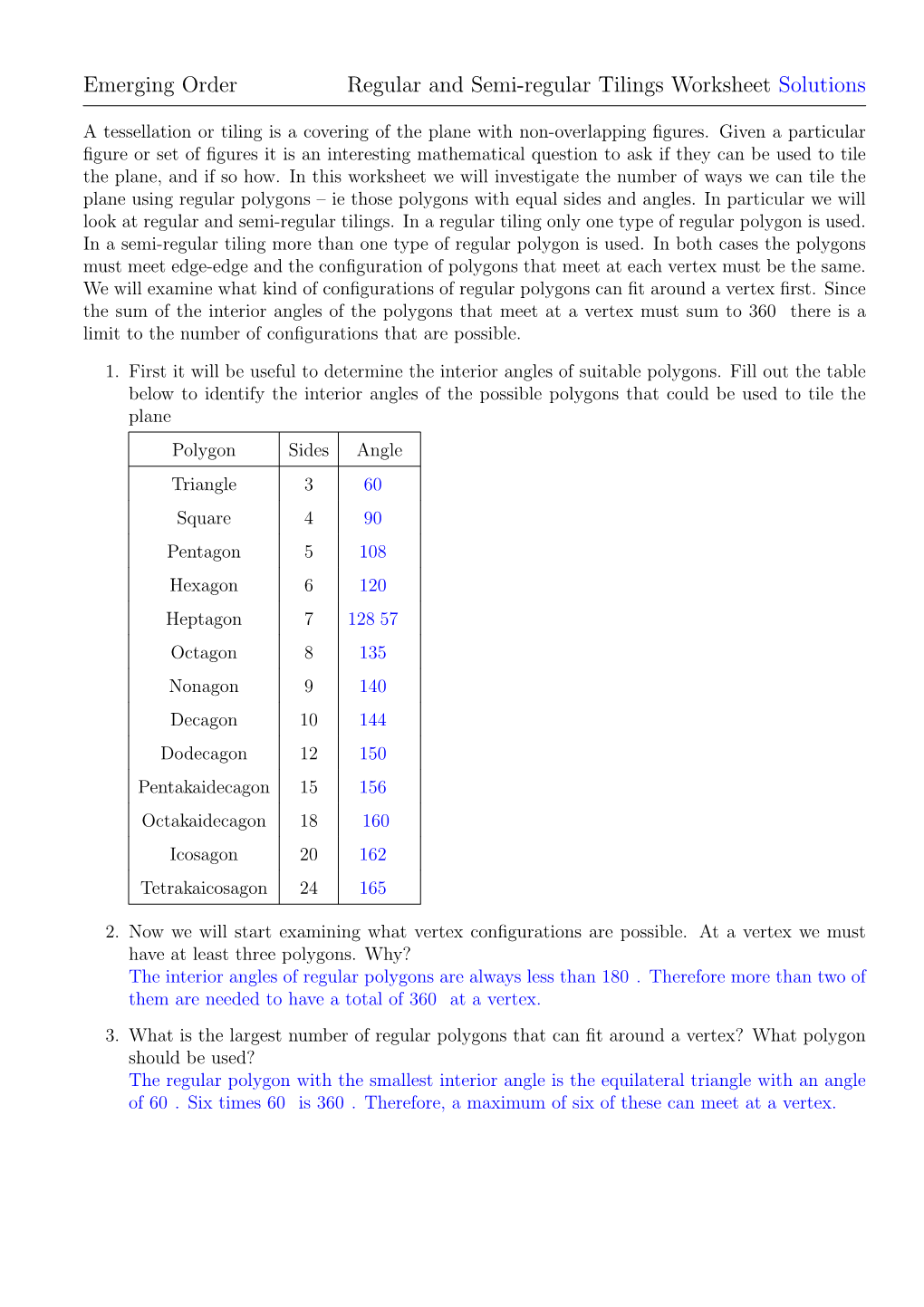 Emerging Order Regular and Semi-Regular Tilings Worksheet Solutions