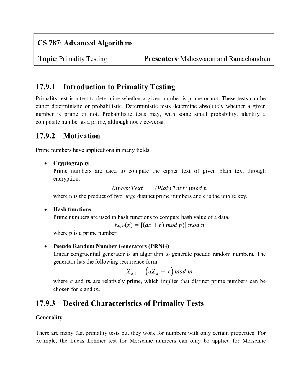 17.9.3 Desired Characteristics of Primality Tests