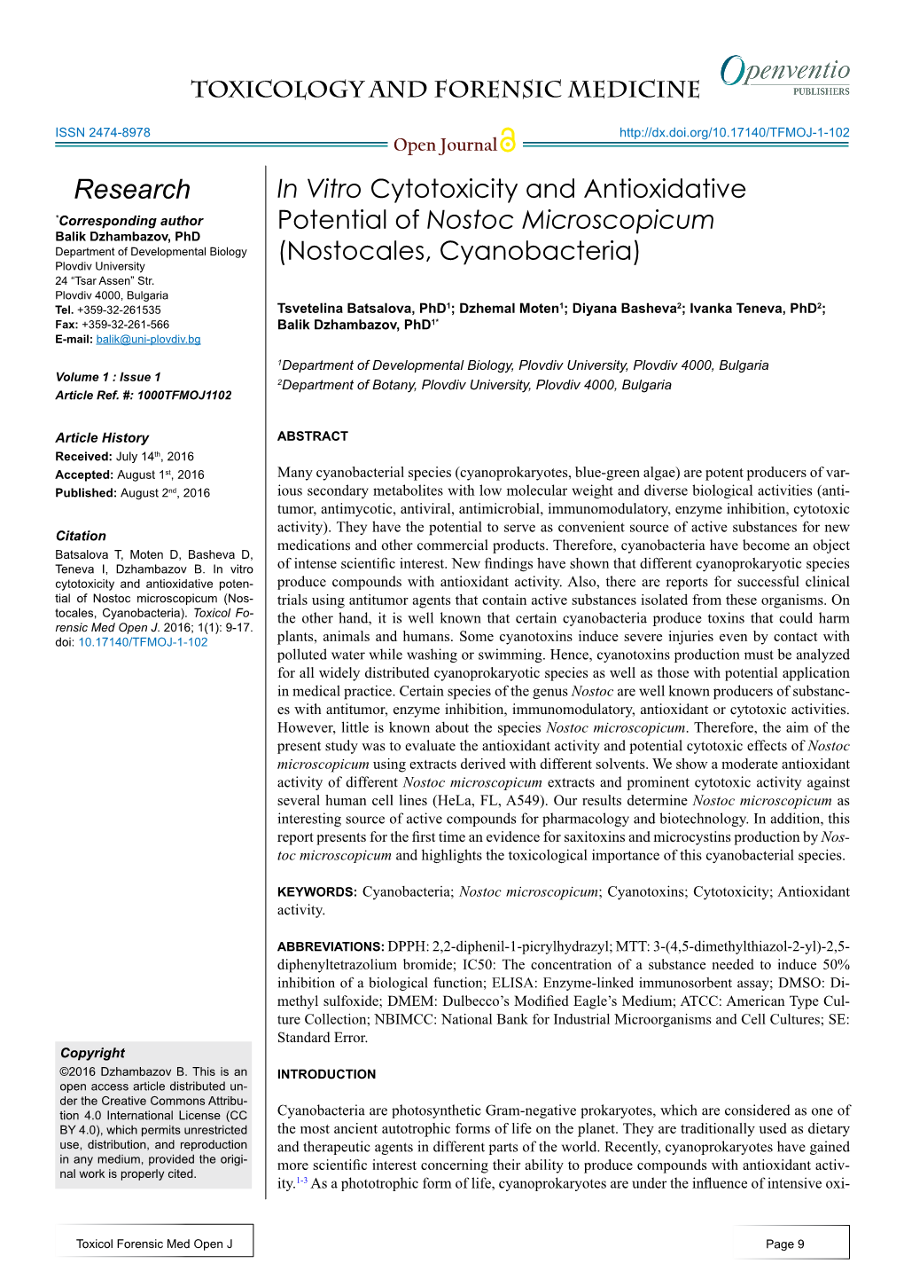 In Vitro Cytotoxicity and Antioxidative Potential of Nostoc Microscopicum