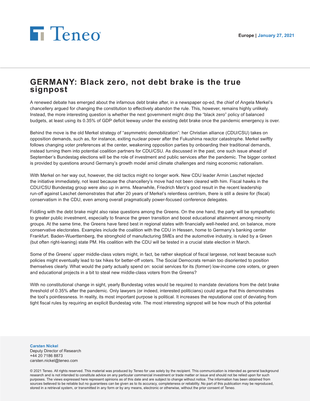 GERMANY: Black Zero, Not Debt Brake Is the True Signpost