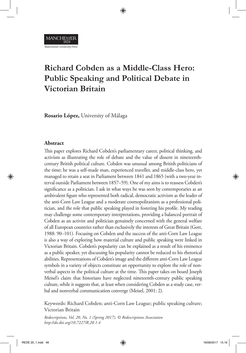 Richard Cobden As a Middle-Class Hero: Public Speaking and Political Debate in Victorian Britain