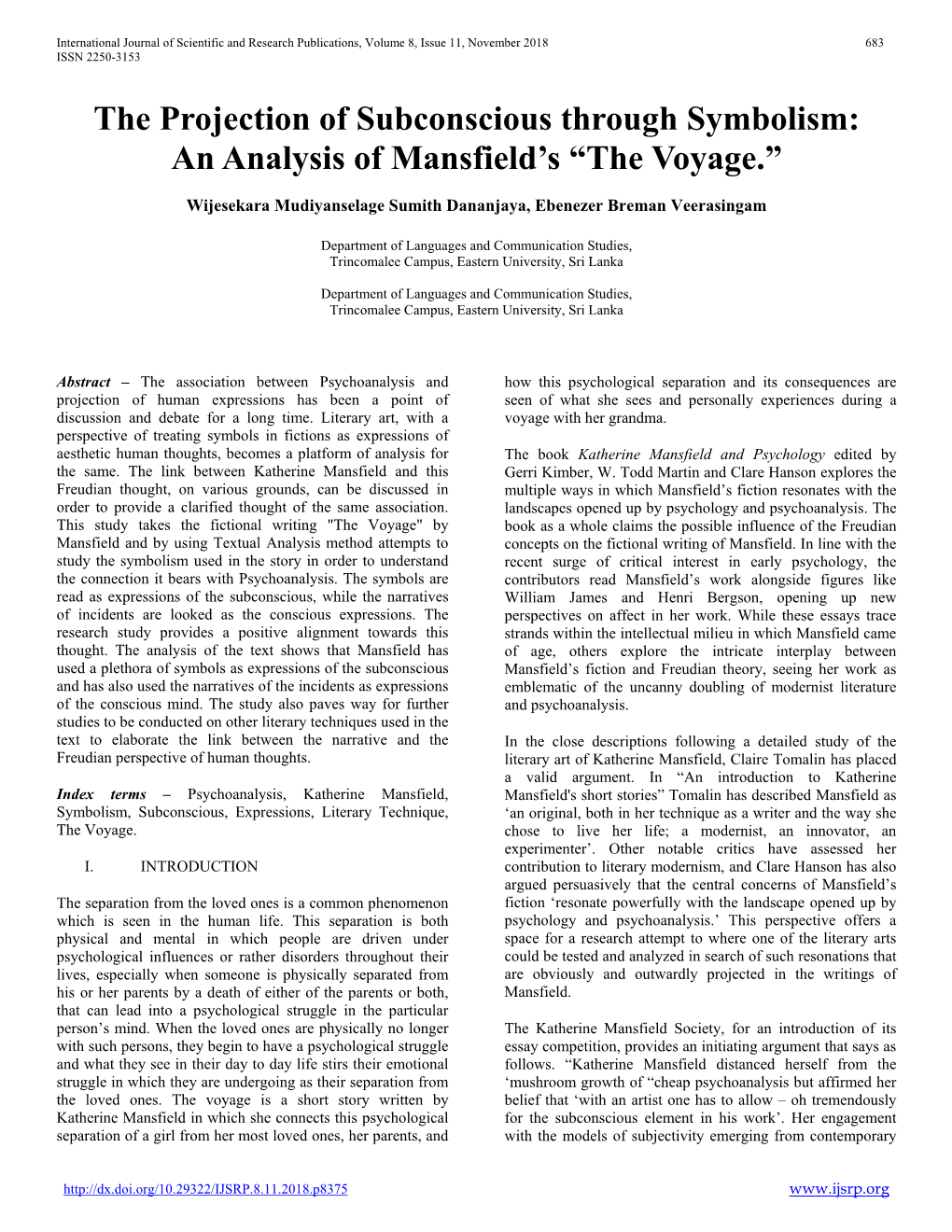 An Analysis of Mansfield's “The Voyage.”