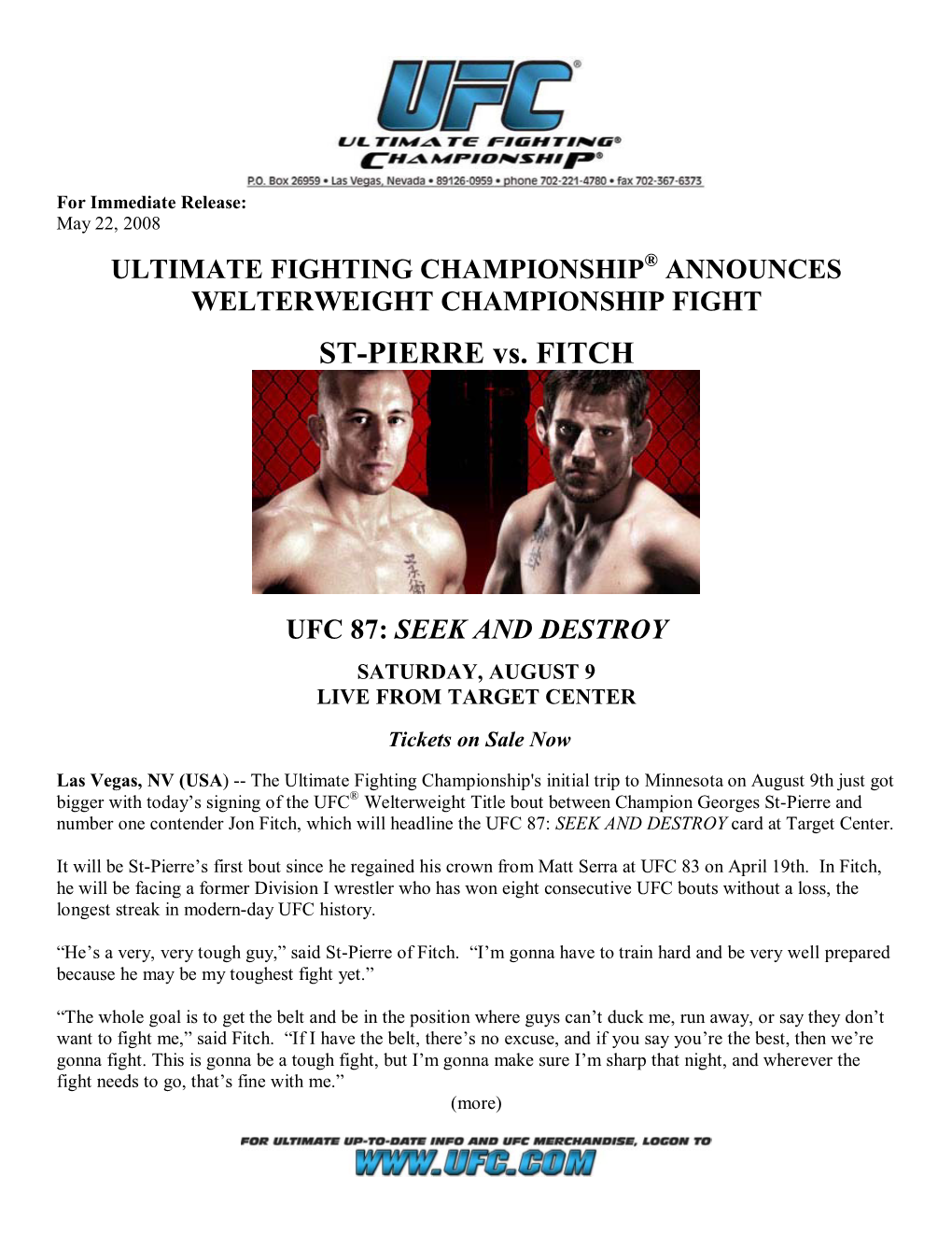 Ultimate Fighting Championship® Announces Welterweight Championship Fight