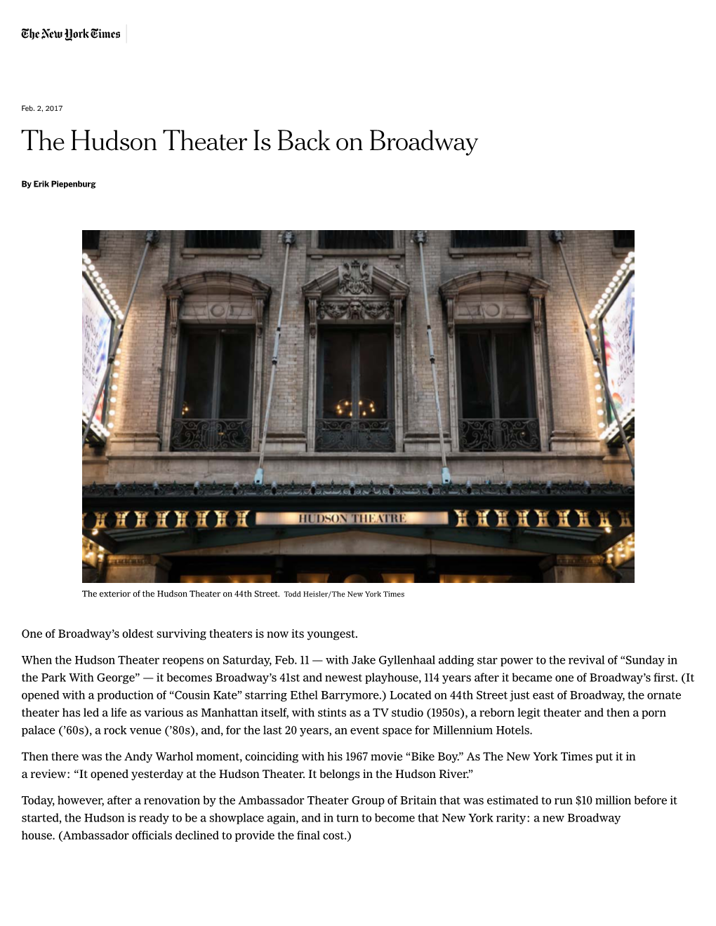 The Hudson Theater Is Back on Broadway