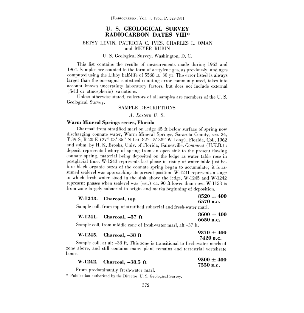 U. S. GEOLOGICAL SURVEY RADIOCARBON DATES VIII* Warm