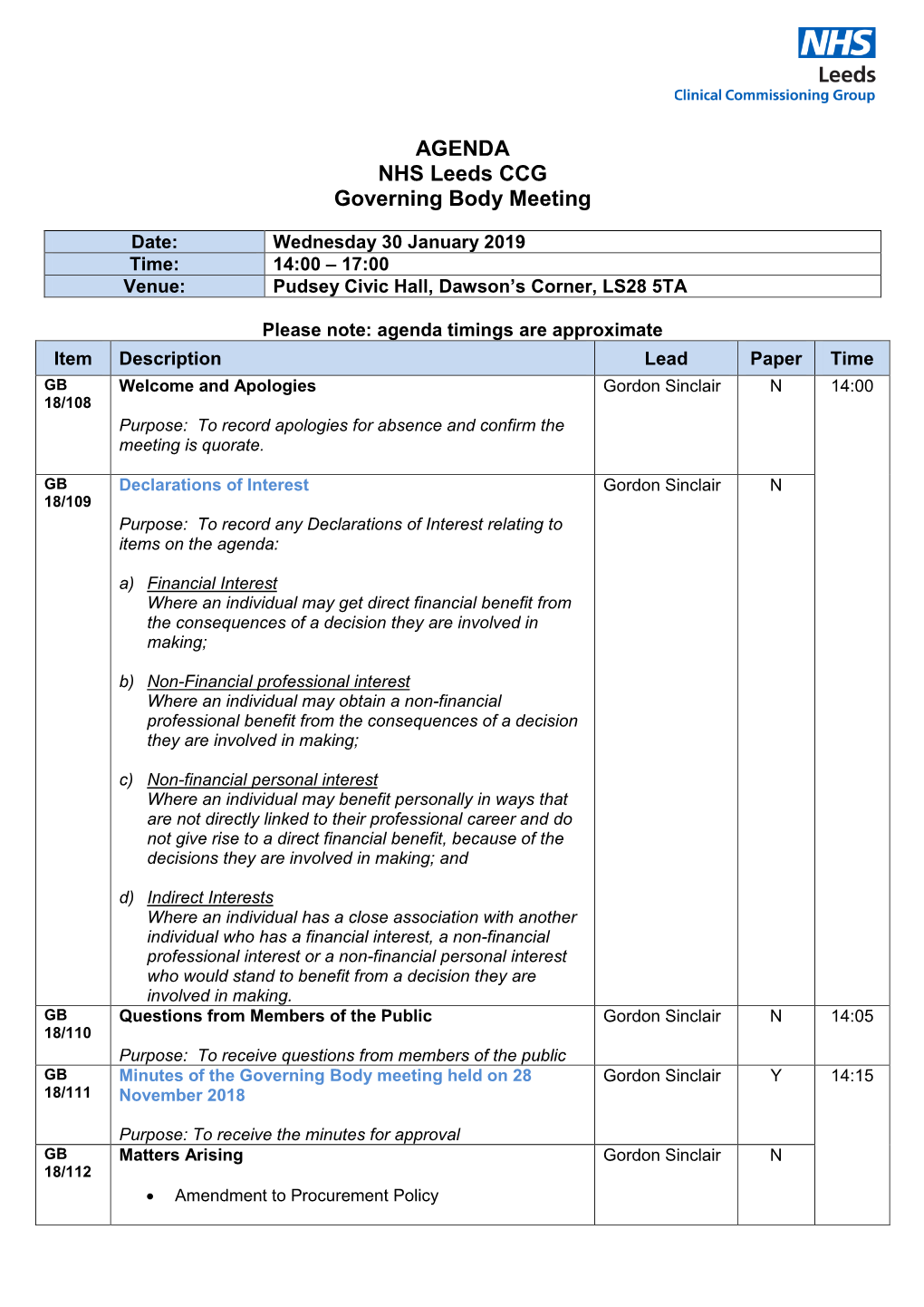 AGENDA NHS Leeds CCG Governing Body Meeting