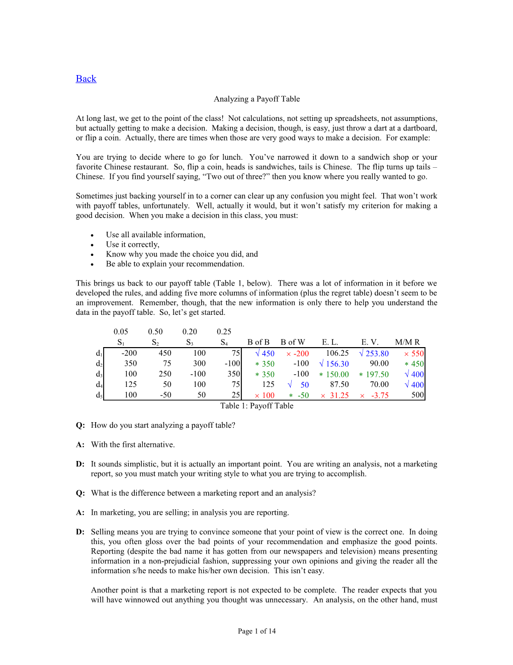 Analyzing a Payoff Table