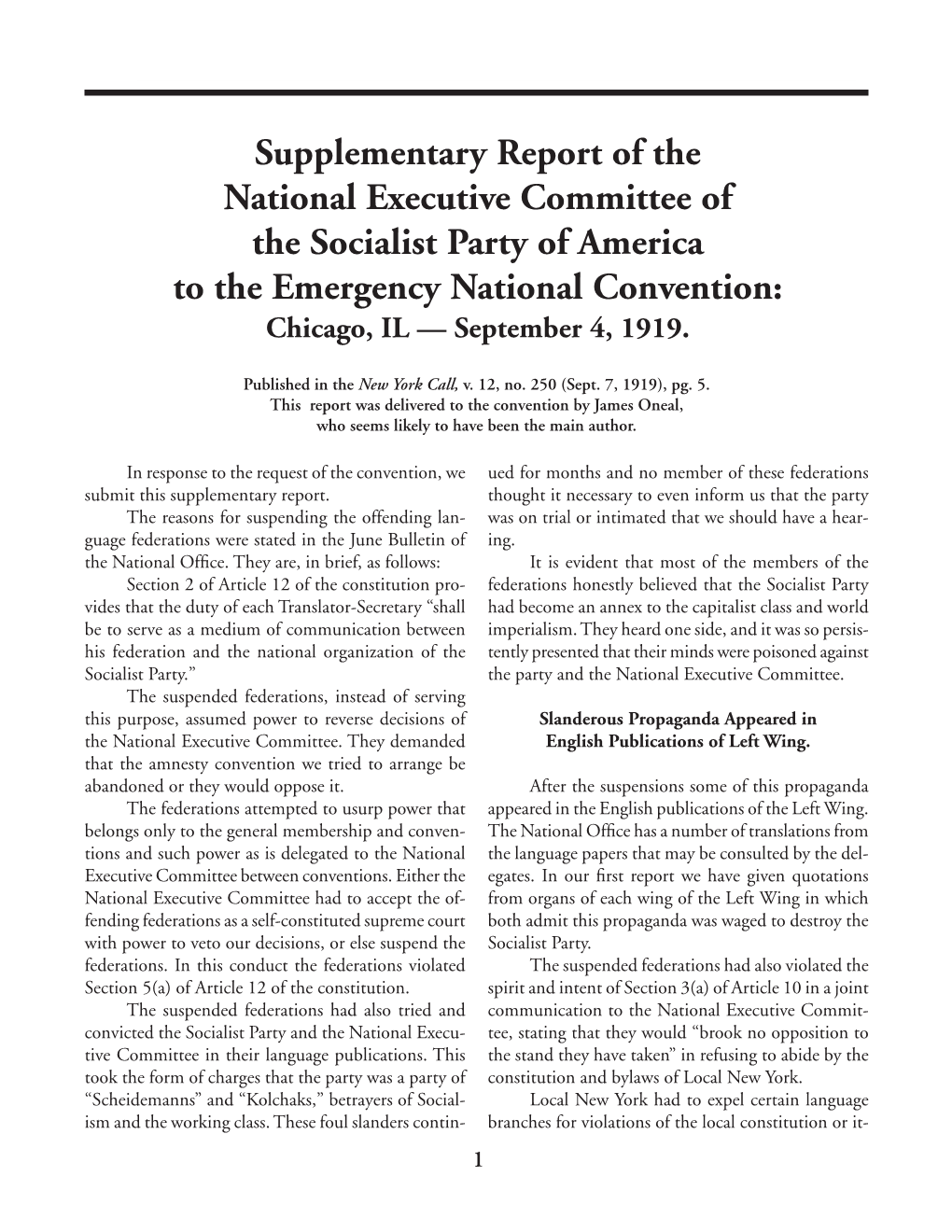 Supplementary Report of the National Executive Committee of the Socialist Party of America to the Emergency National Convention: Chicago, IL — September 4, 1919