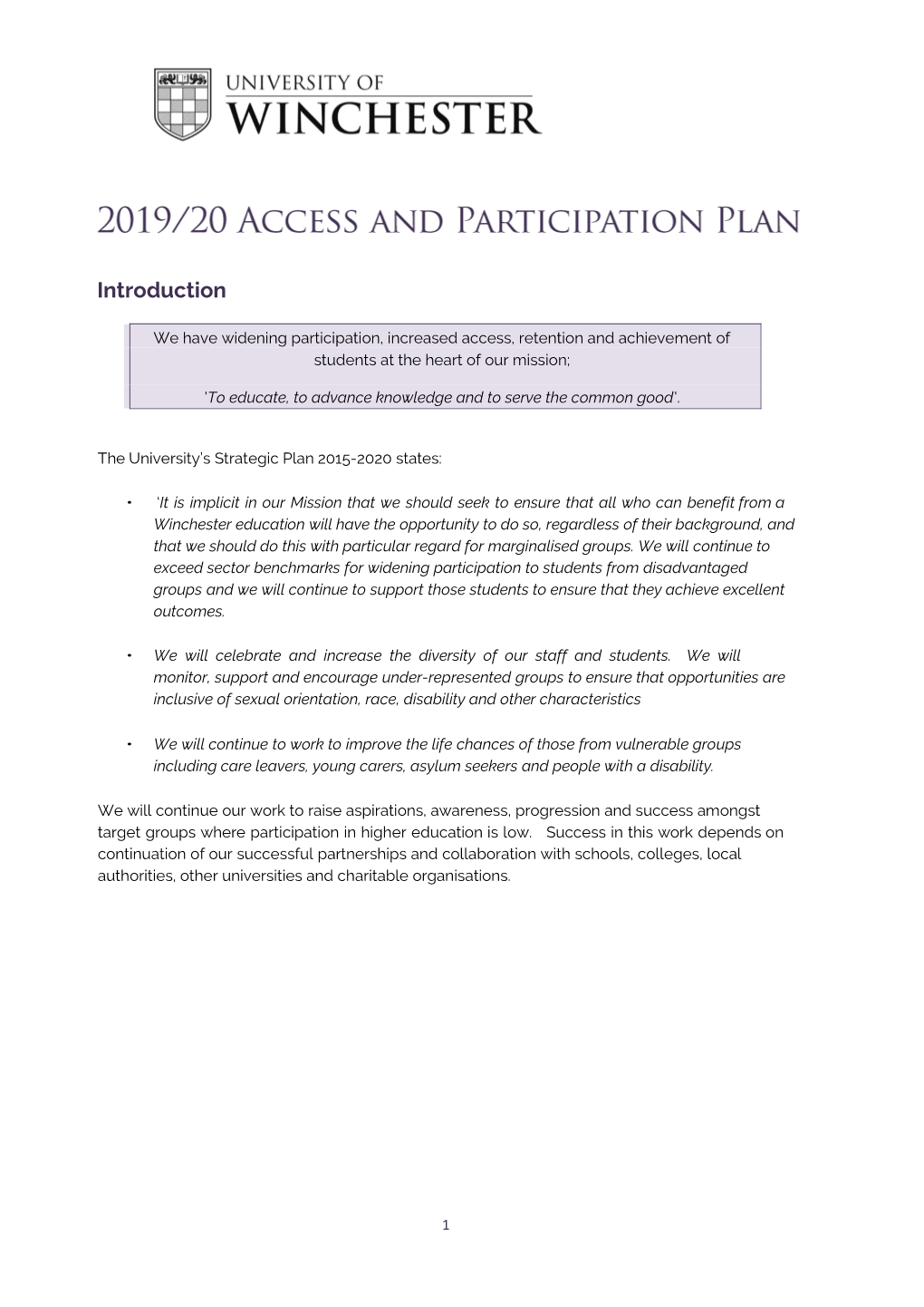 University of Winchester 2019-20 Access and Participation Plan