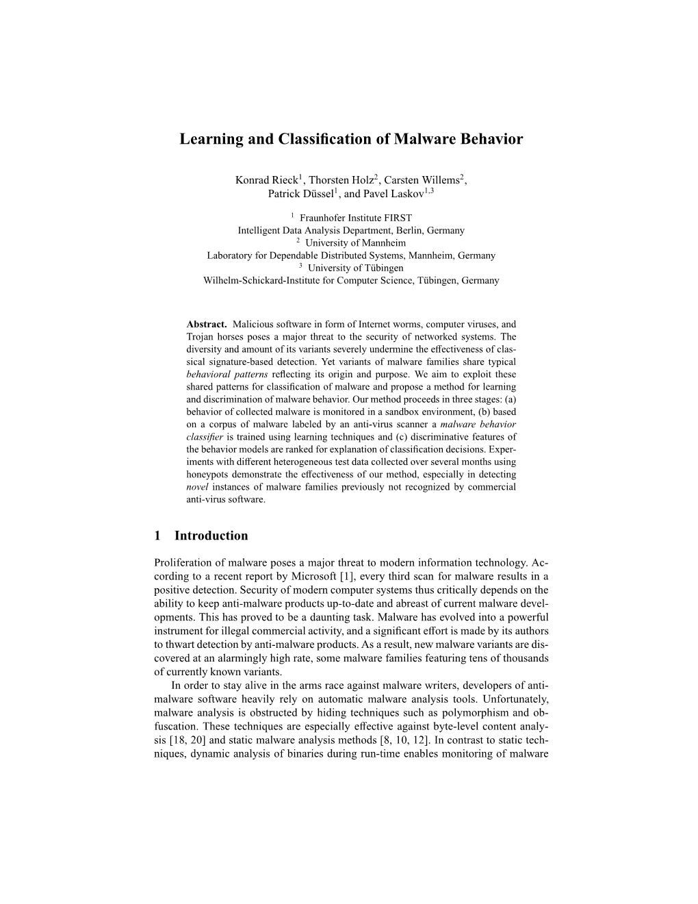 Learning and Classification of Malware Behavior