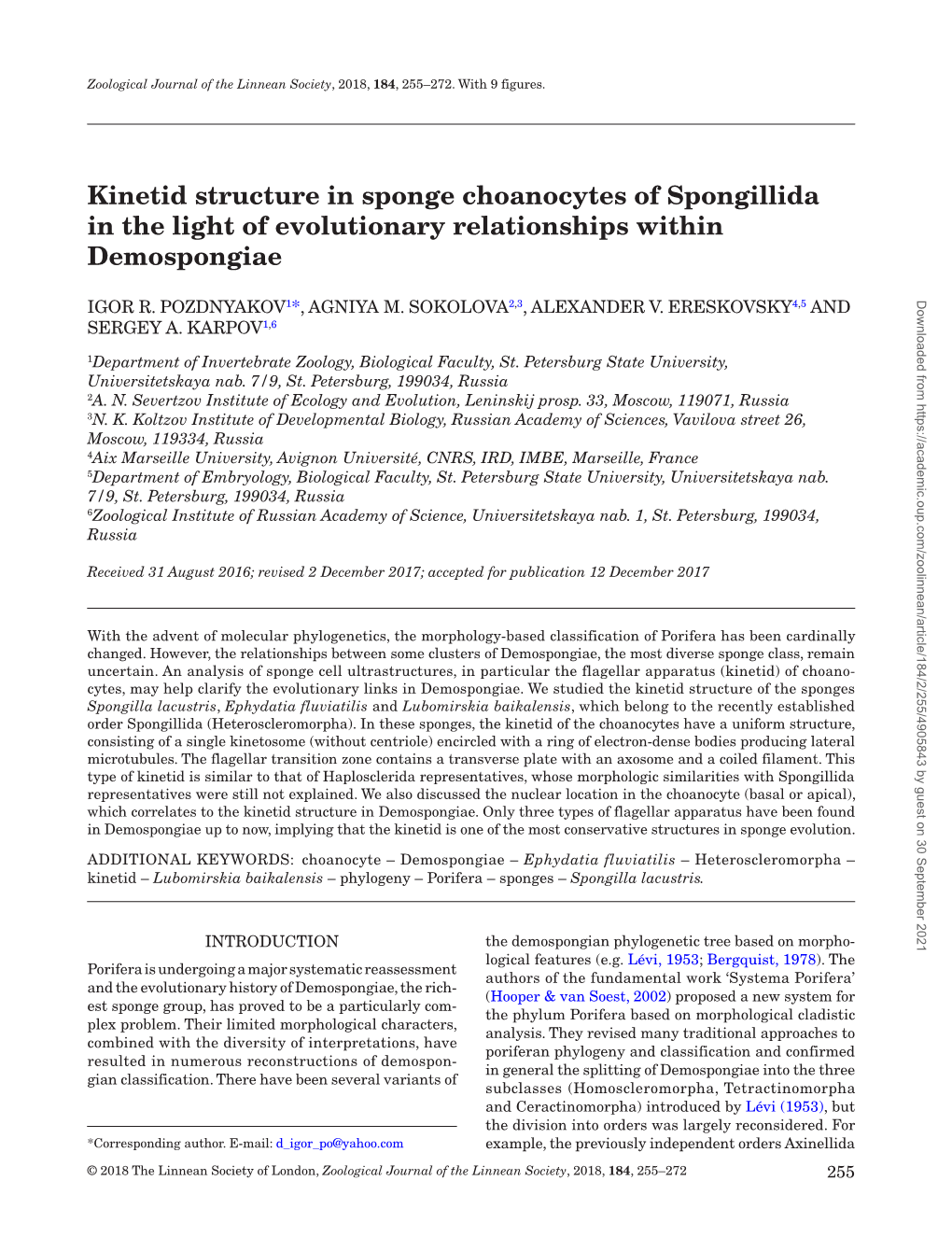 Kinetid Structure in Sponge Choanocytes of Spongillida in the Light of Evolutionary Relationships Within Demospongiae