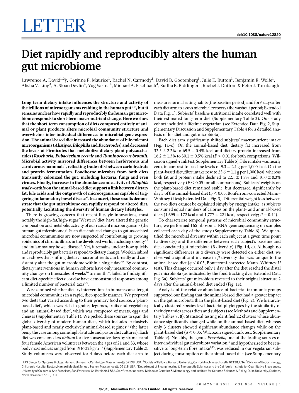 Diet Rapidly and Reproducibly Alters the Human Gut Microbiome