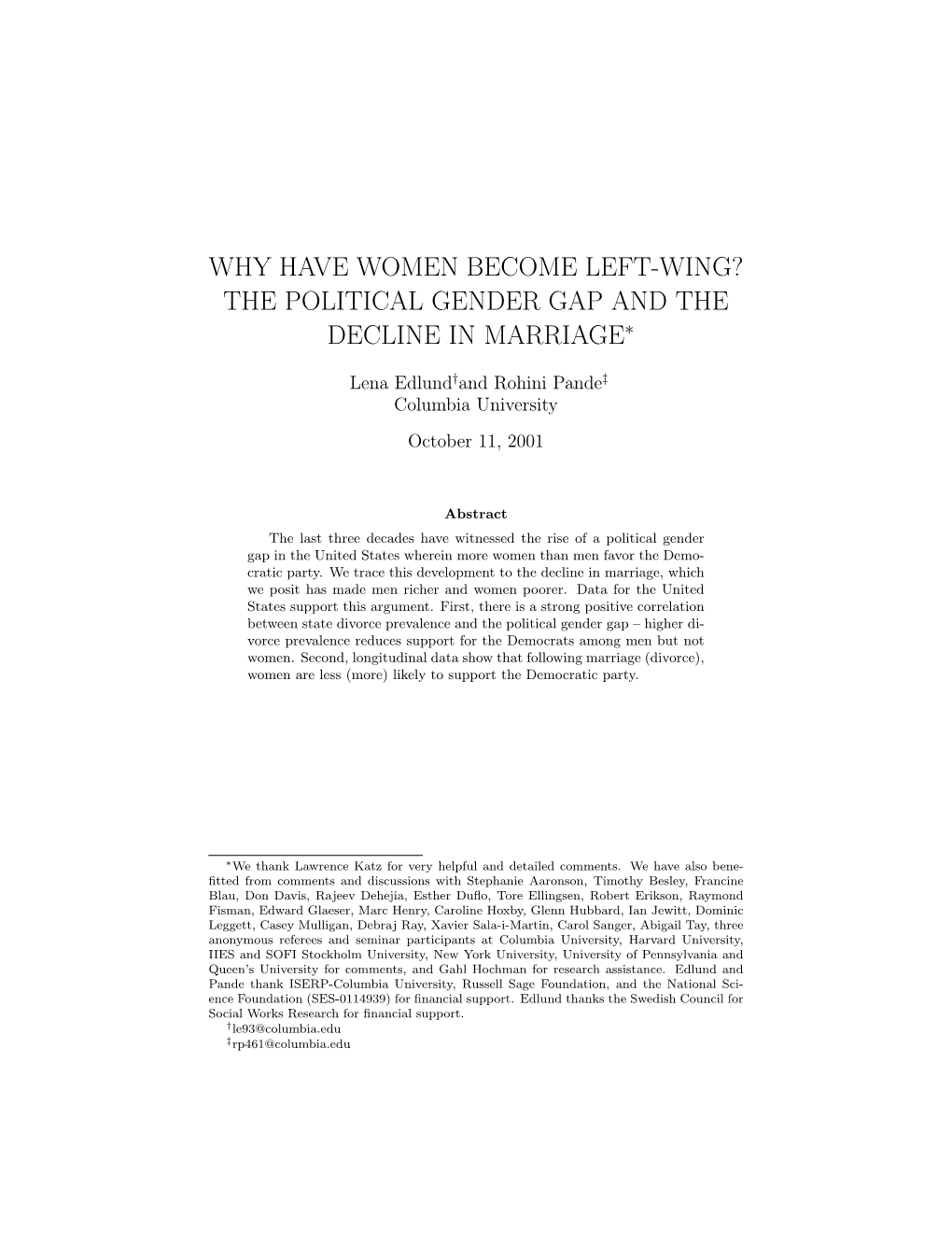 Why Have Women Become Left-Wing? the Political Gender Gap and the Decline in Marriage∗