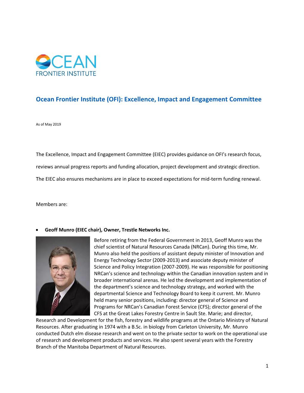 Ocean Frontier Institute (OFI): Excellence, Impact and Engagement Committee