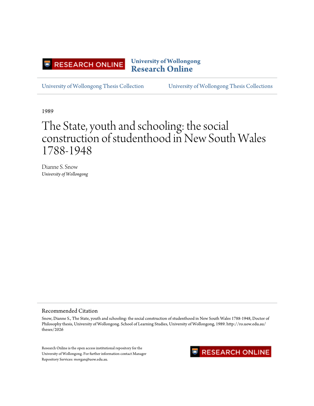 The Social Construction of Studenthood in New South Wales 1788-1948 Dianne S