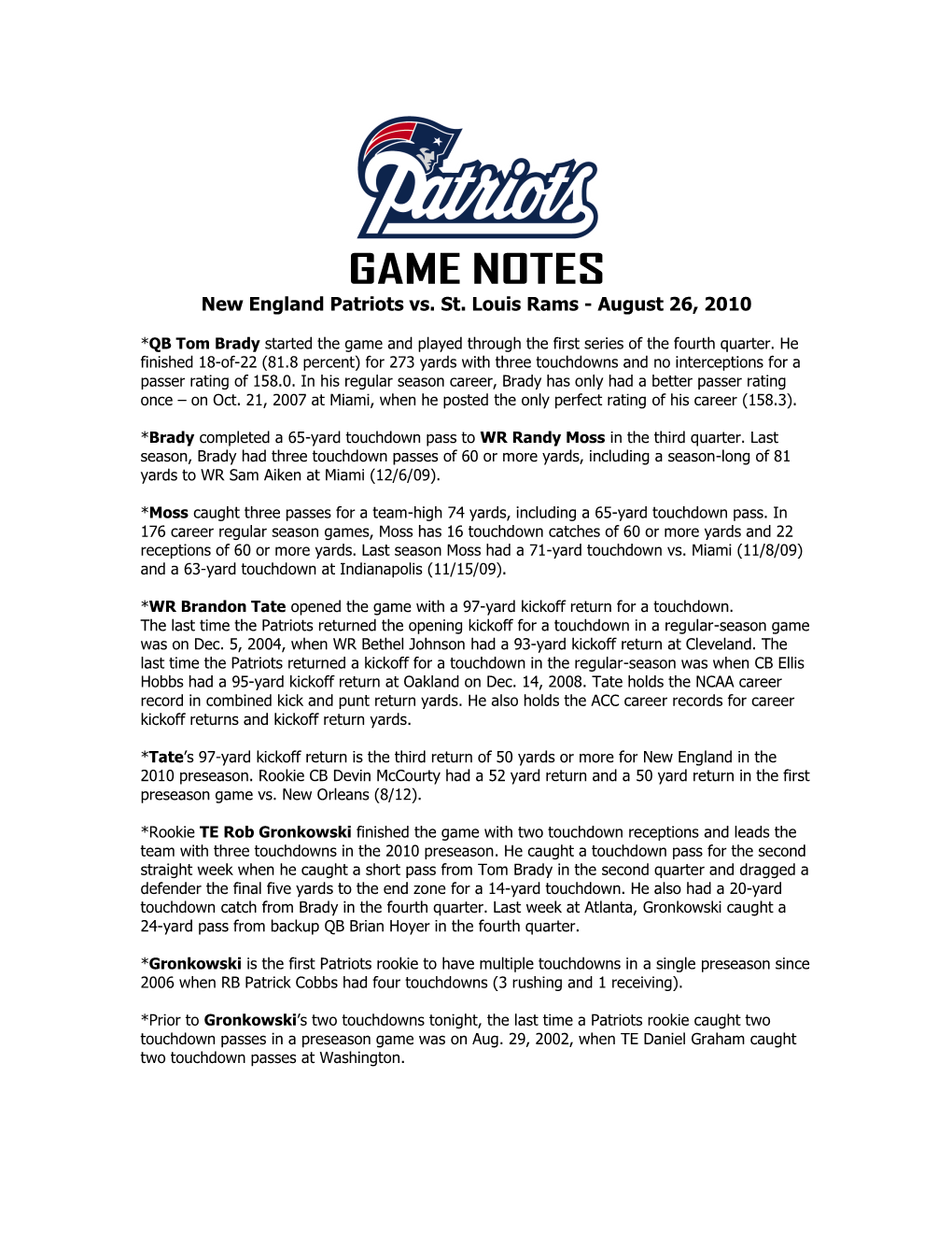 GAME NOTES New England Patriots Vs