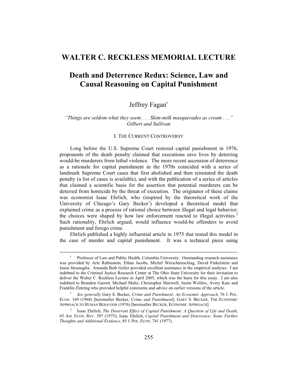 Walter C. Reckless Memorial Lecture