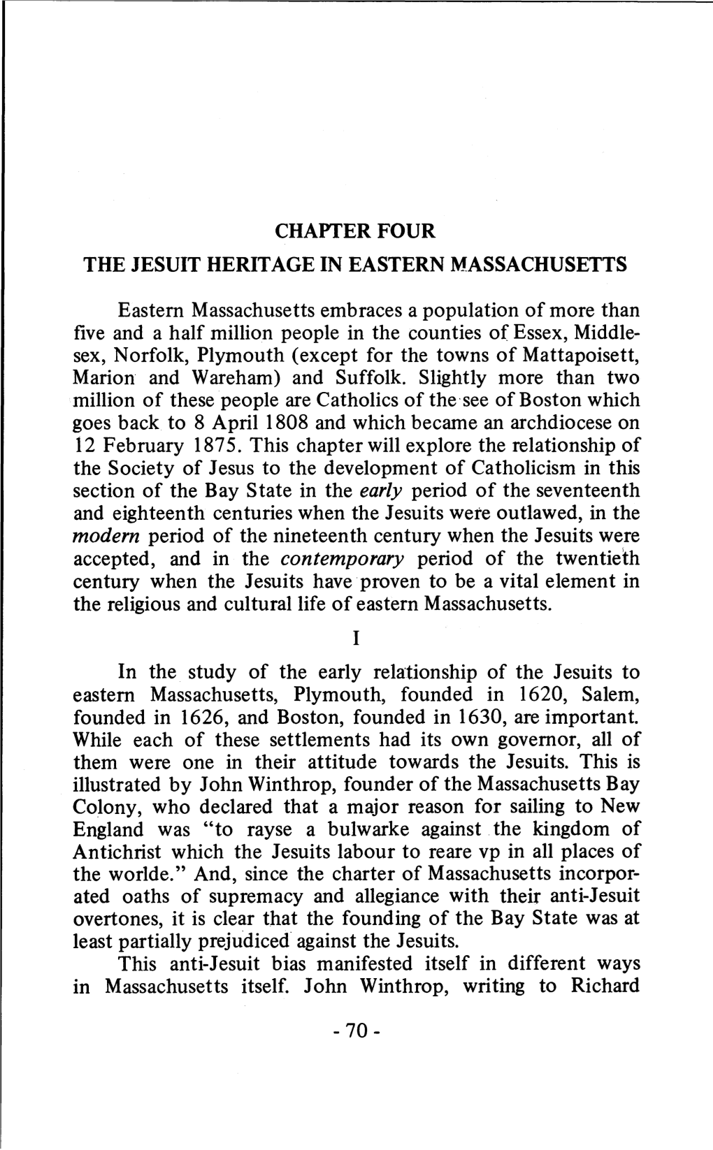 Chapter Four the Jesuit Heritage in Eastern Massachusetts